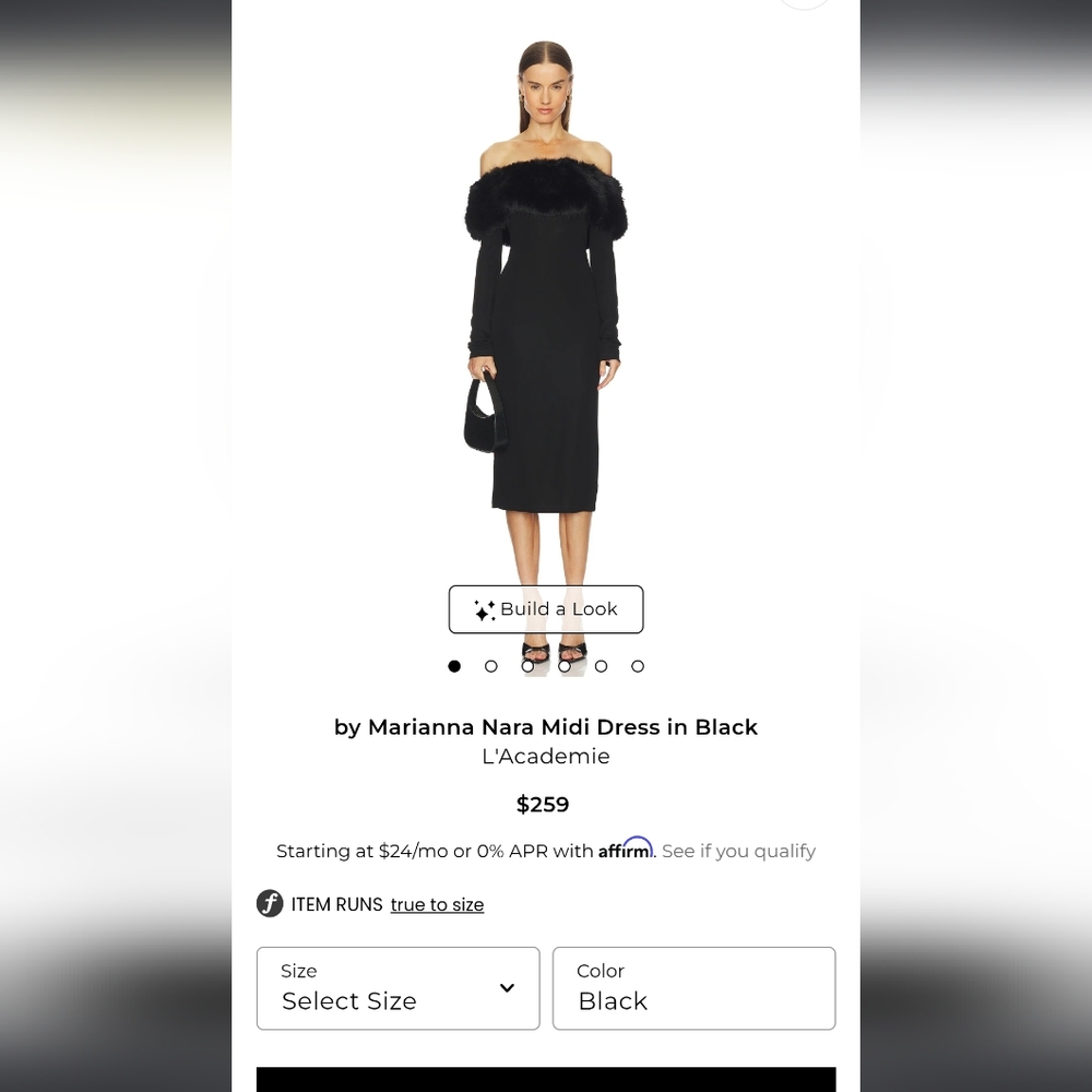 L'Academie Black Off-Shoulder Midi Dress with Fur Trim.
